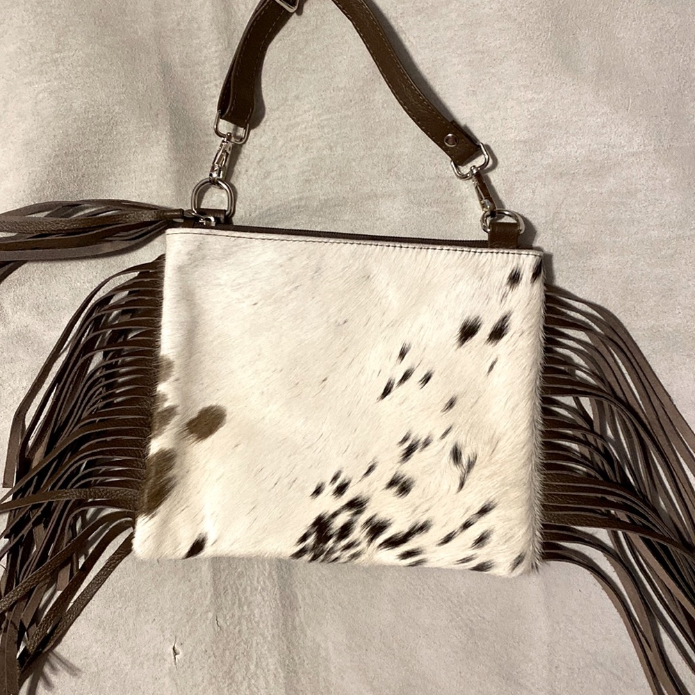 Handmade New Real Cowhide Leather Crossbody Purse Handbag Hair On with Fringes